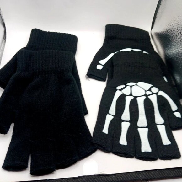 Skeleton Print Fingerless Goth Gloves-Black TWO Pair Unisex New - Picture 2 of 10